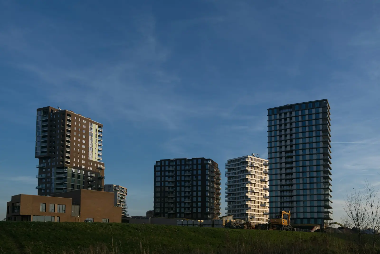 Woontorens van Almere Duin tegen een heldere avondlucht, gezien vanaf een grasveld